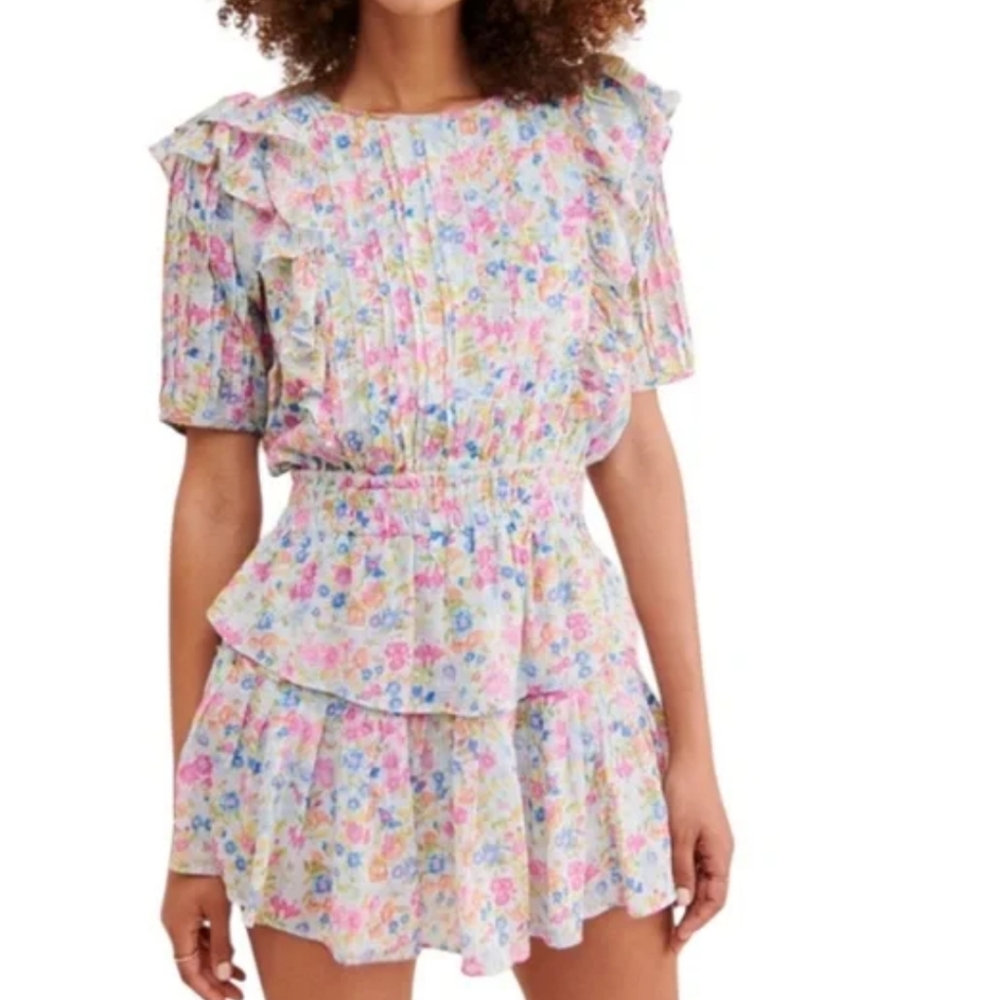LoveShackFancy Pastel Floral Sping Easter Ruffle Cotton Mini Dress Size Med